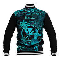 Hawaii Baseball Jacket Hula Girl Mix Polynesian Plumeria Turquoise Version - Wonder Print Shop