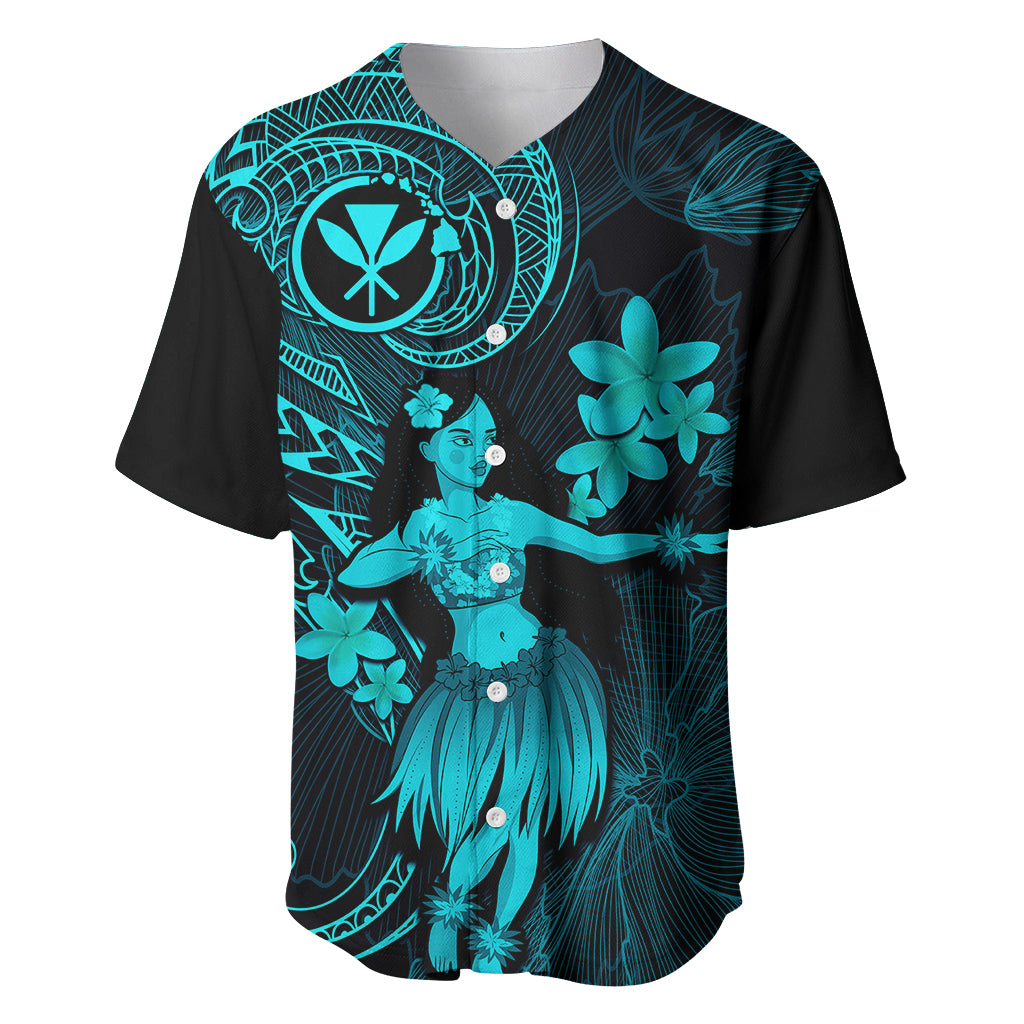 Hawaii Baseball Jersey Hula Girl Mix Polynesian Plumeria Turquoise Version - Wonder Print Shop