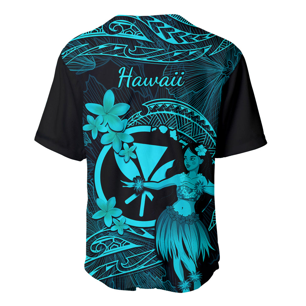 Hawaii Baseball Jersey Hula Girl Mix Polynesian Plumeria Turquoise Version - Wonder Print Shop