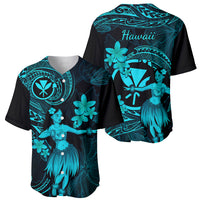 Hawaii Baseball Jersey Hula Girl Mix Polynesian Plumeria Turquoise Version - Wonder Print Shop
