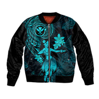 Hawaii Bomber Jacket Hula Girl Mix Polynesian Plumeria Turquoise Version - Wonder Print Shop