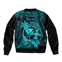 Hawaii Bomber Jacket Hula Girl Mix Polynesian Plumeria Turquoise Version - Wonder Print Shop