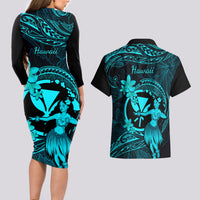 Hawaii Couples Matching Long Sleeve Bodycon Dress and Hawaiian Shirt Hula Girl Mix Polynesian Plumeria Turquoise Version - Wonder Print Shop