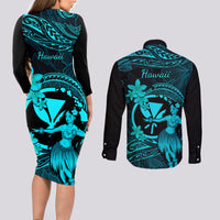 Hawaii Couples Matching Long Sleeve Bodycon Dress and Long Sleeve Button Shirts Hula Girl Mix Polynesian Plumeria Turquoise Version - Wonder Print Shop