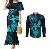hawaii-couples-matching-mermaid-dress-and-long-sleeve-button-shirts-hula-girl-mix-polynesian-plumeria-turquoise-version