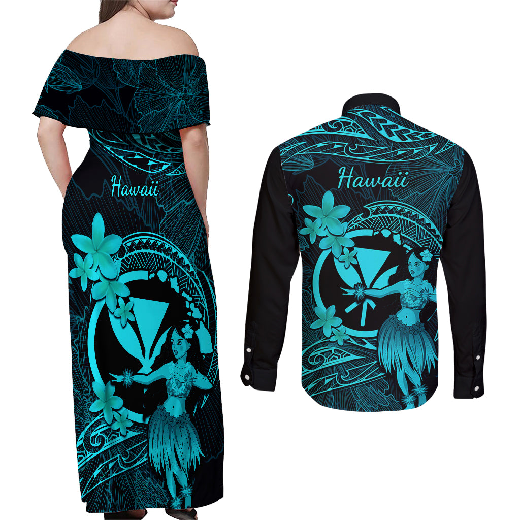 Hawaii Couples Matching Off Shoulder Maxi Dress and Long Sleeve Button Shirts Hula Girl Mix Polynesian Plumeria Turquoise Version - Wonder Print Shop
