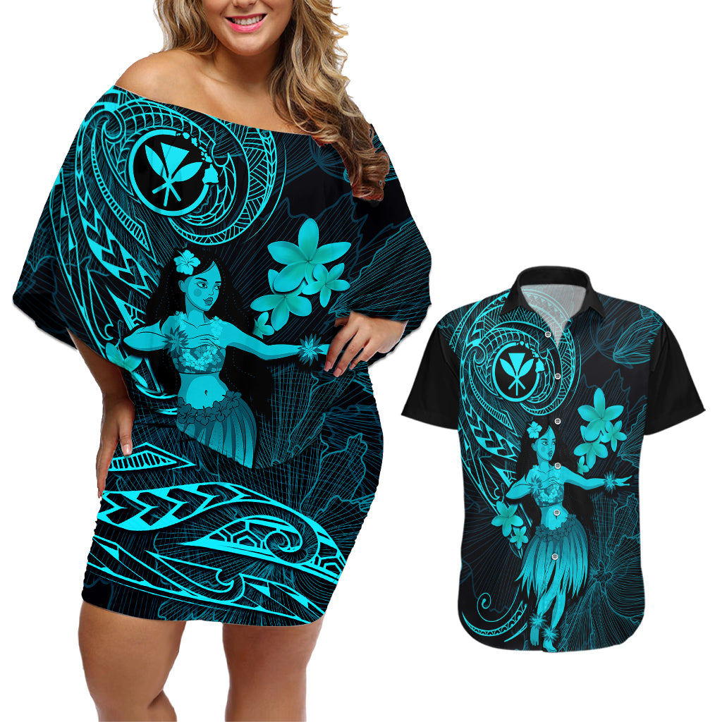 Hawaii Couples Matching Off Shoulder Short Dress and Hawaiian Shirt Hula Girl Mix Polynesian Plumeria Turquoise Version - Wonder Print Shop