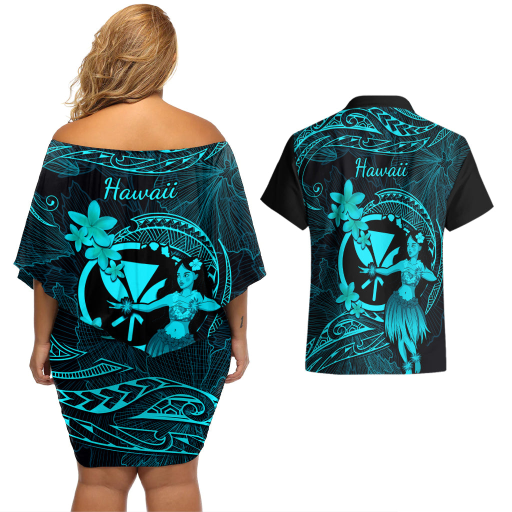 Hawaii Couples Matching Off Shoulder Short Dress and Hawaiian Shirt Hula Girl Mix Polynesian Plumeria Turquoise Version - Wonder Print Shop