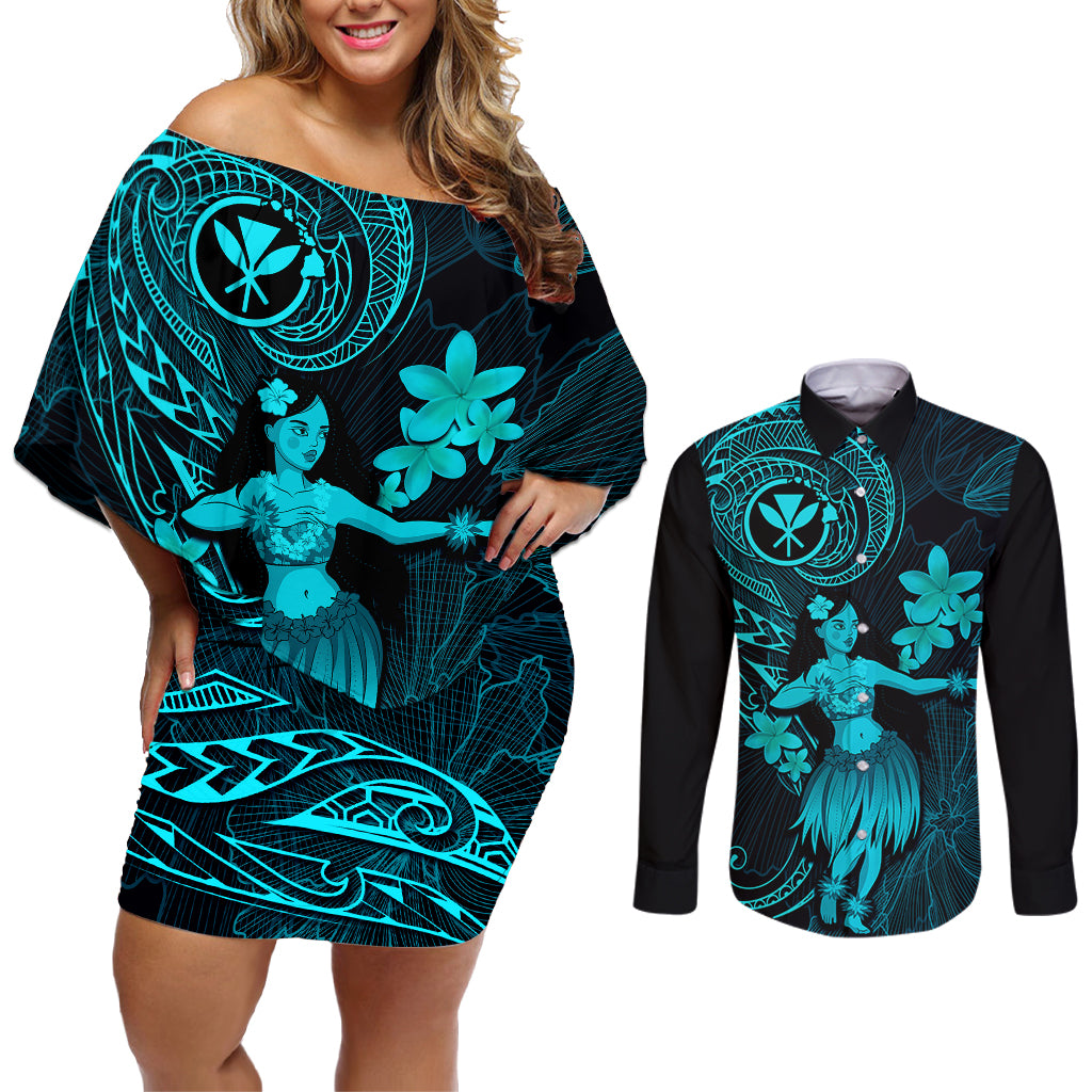 Hawaii Couples Matching Off Shoulder Short Dress and Long Sleeve Button Shirts Hula Girl Mix Polynesian Plumeria Turquoise Version - Wonder Print Shop