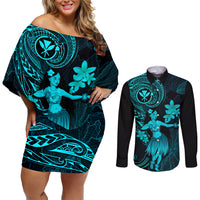Hawaii Couples Matching Off Shoulder Short Dress and Long Sleeve Button Shirts Hula Girl Mix Polynesian Plumeria Turquoise Version - Wonder Print Shop