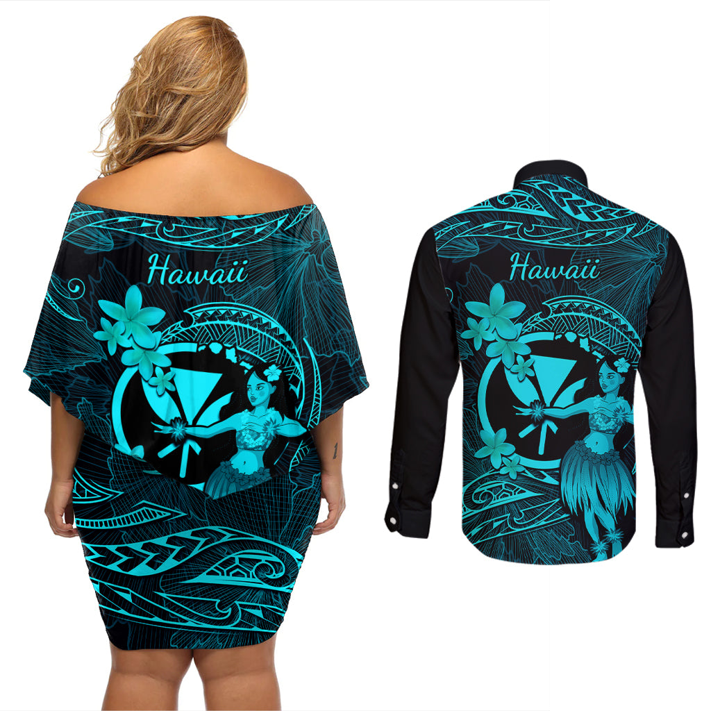 Hawaii Couples Matching Off Shoulder Short Dress and Long Sleeve Button Shirts Hula Girl Mix Polynesian Plumeria Turquoise Version - Wonder Print Shop