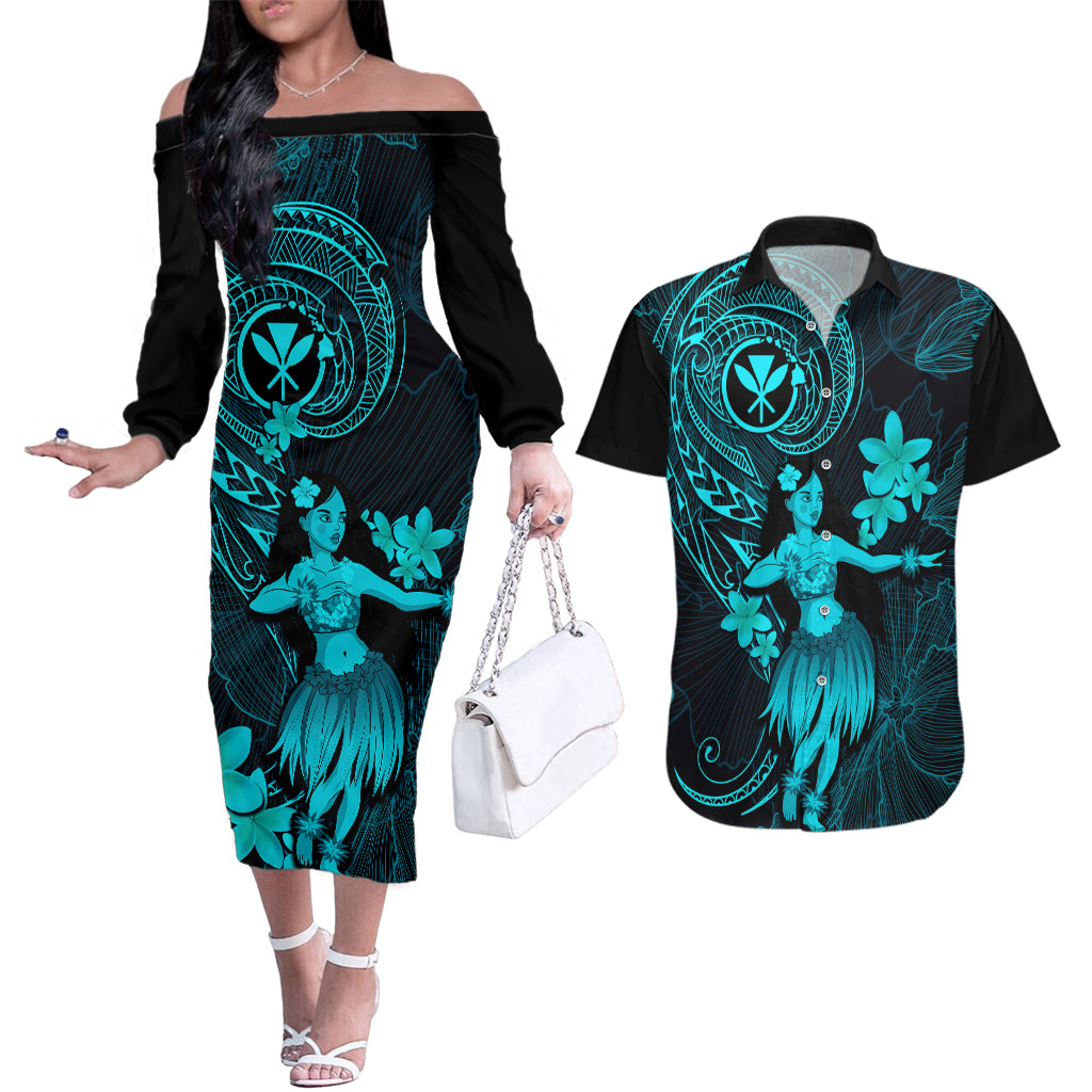Hawaii Couples Matching Off The Shoulder Long Sleeve Dress and Hawaiian Shirt Hula Girl Mix Polynesian Plumeria Turquoise Version - Wonder Print Shop