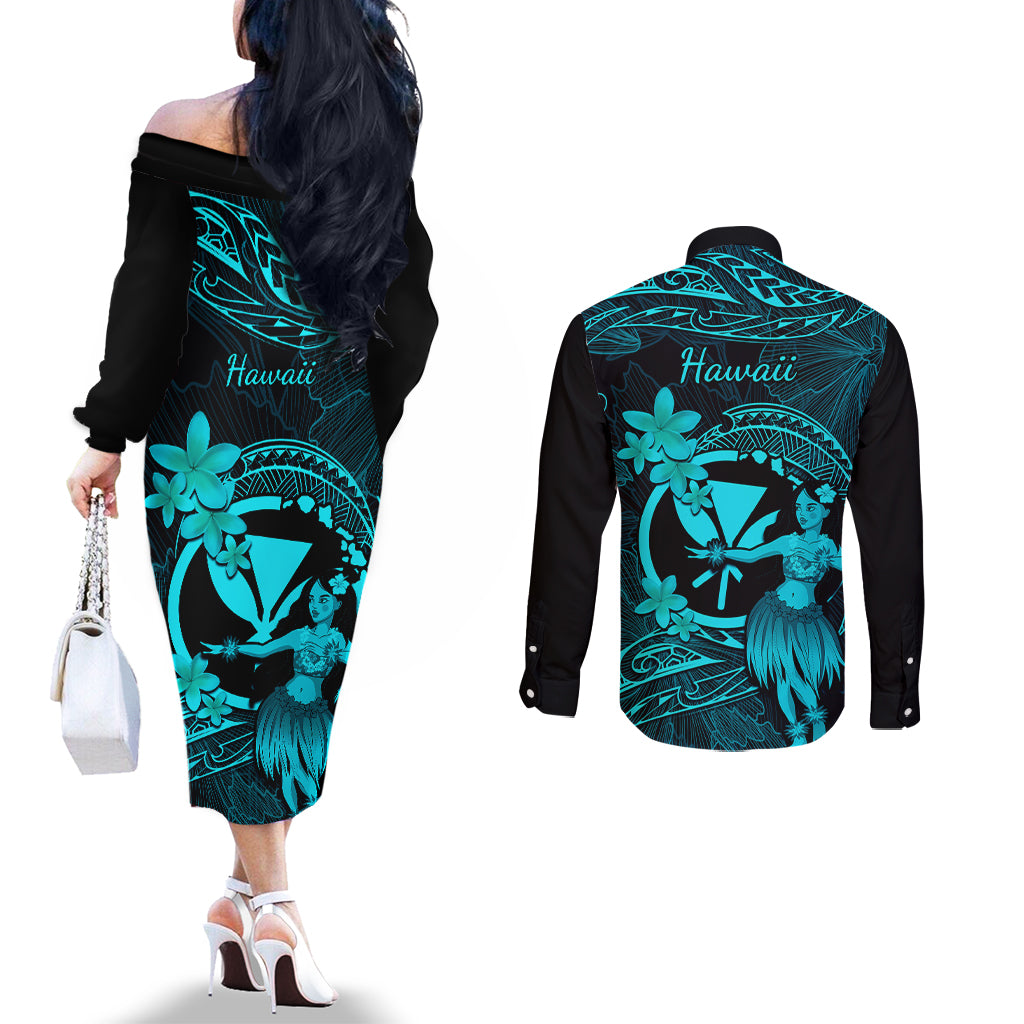 hawaii-couples-matching-off-the-shoulder-long-sleeve-dress-and-long-sleeve-button-shirts-hula-girl-mix-polynesian-plumeria-turquoise-version