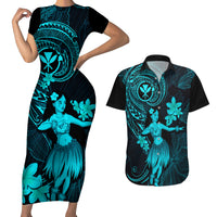 Hawaii Couples Matching Short Sleeve Bodycon Dress and Hawaiian Shirt Hula Girl Mix Polynesian Plumeria Turquoise Version - Wonder Print Shop