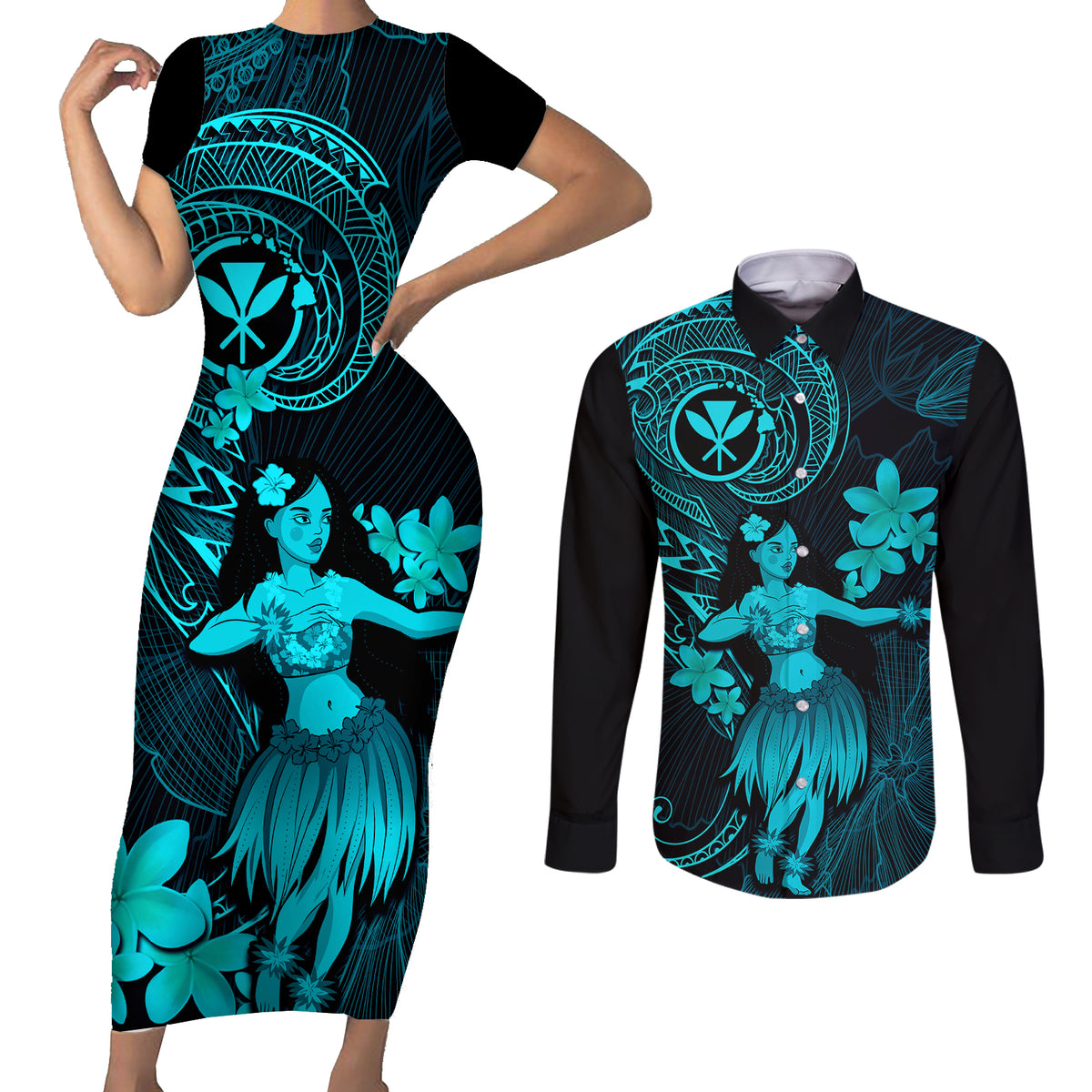 Hawaii Couples Matching Short Sleeve Bodycon Dress and Long Sleeve Button Shirts Hula Girl Mix Polynesian Plumeria Turquoise Version - Wonder Print Shop