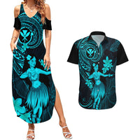 Hawaii Couples Matching Summer Maxi Dress and Hawaiian Shirt Hula Girl Mix Polynesian Plumeria Turquoise Version - Wonder Print Shop