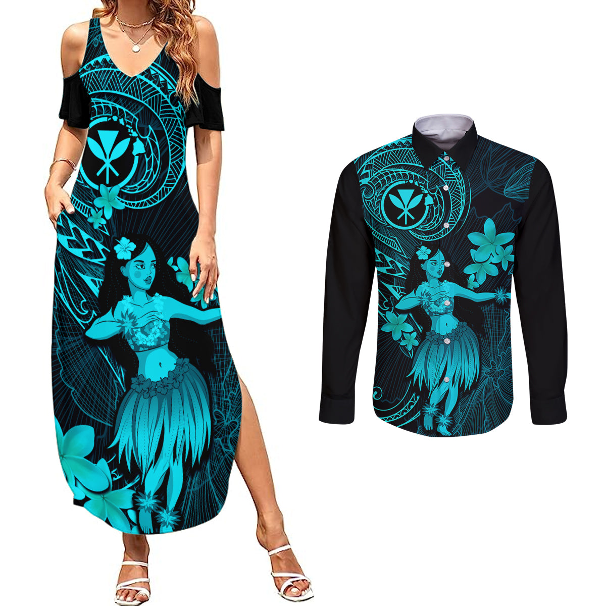 Hawaii Couples Matching Summer Maxi Dress and Long Sleeve Button Shirts Hula Girl Mix Polynesian Plumeria Turquoise Version - Wonder Print Shop