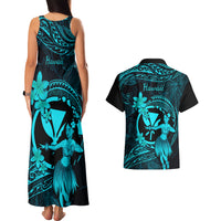 Hawaii Couples Matching Tank Maxi Dress and Hawaiian Shirt Hula Girl Mix Polynesian Plumeria Turquoise Version - Wonder Print Shop