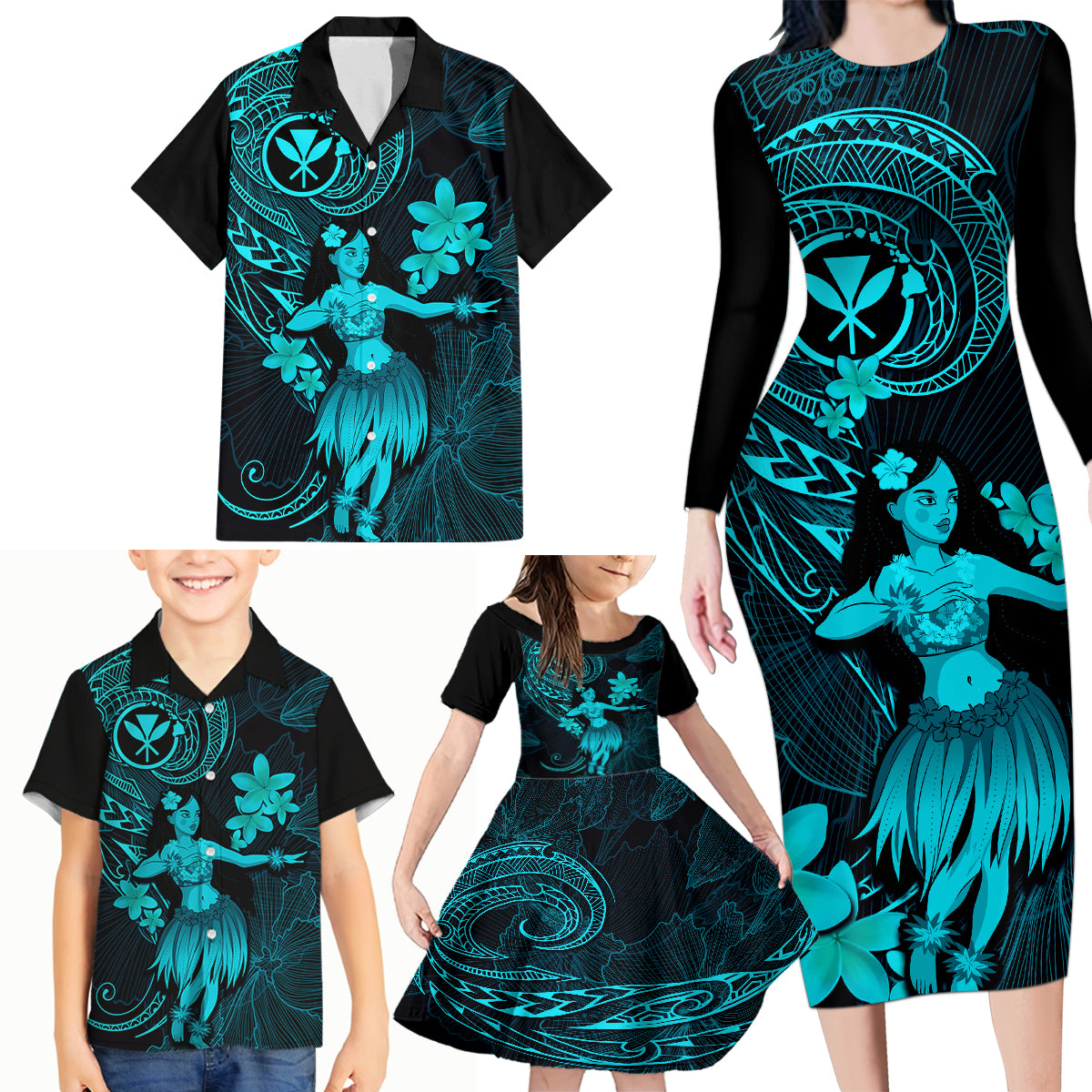 Hawaii Family Matching Long Sleeve Bodycon Dress and Hawaiian Shirt Hula Girl Mix Polynesian Plumeria Turquoise Version - Wonder Print Shop