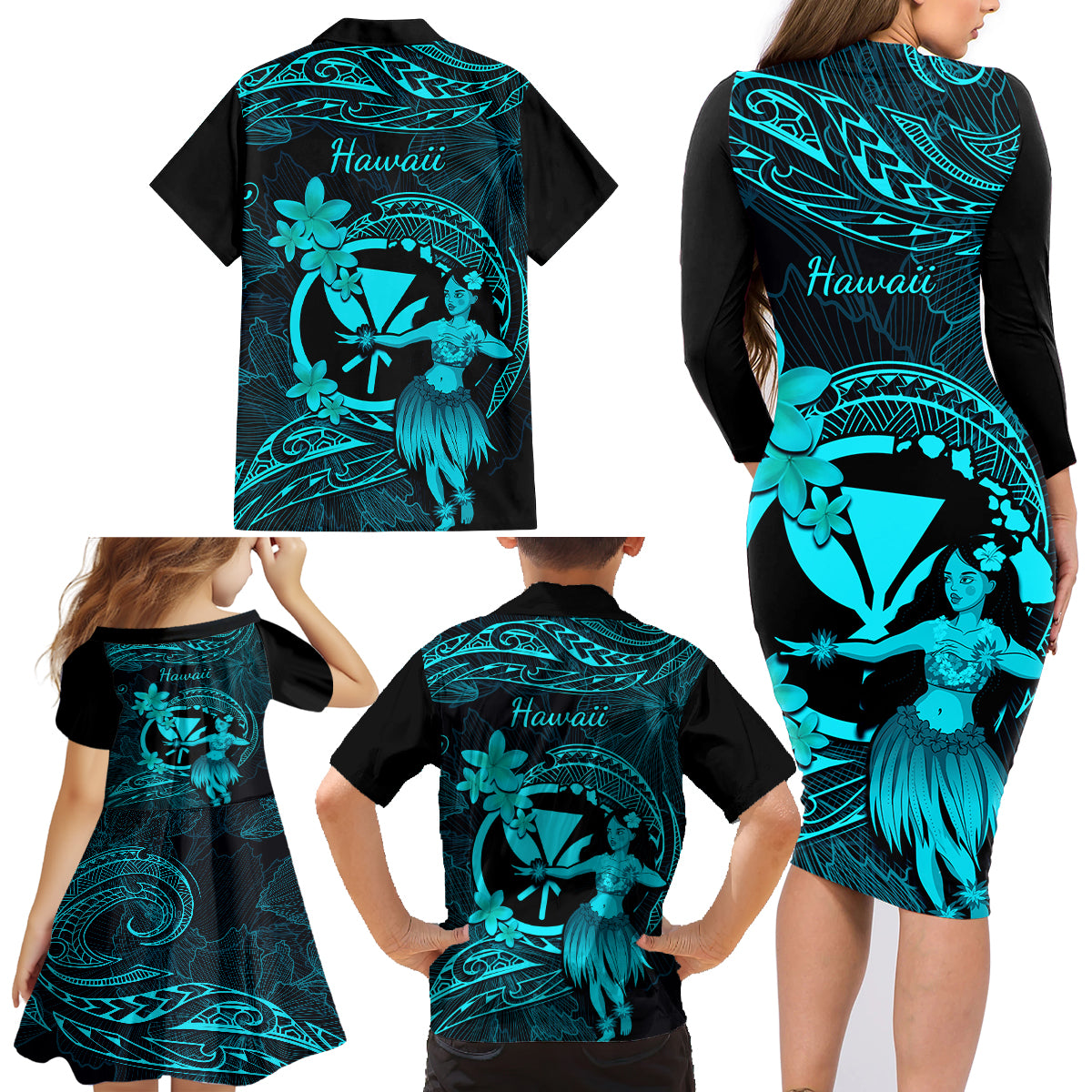 Hawaii Family Matching Long Sleeve Bodycon Dress and Hawaiian Shirt Hula Girl Mix Polynesian Plumeria Turquoise Version - Wonder Print Shop