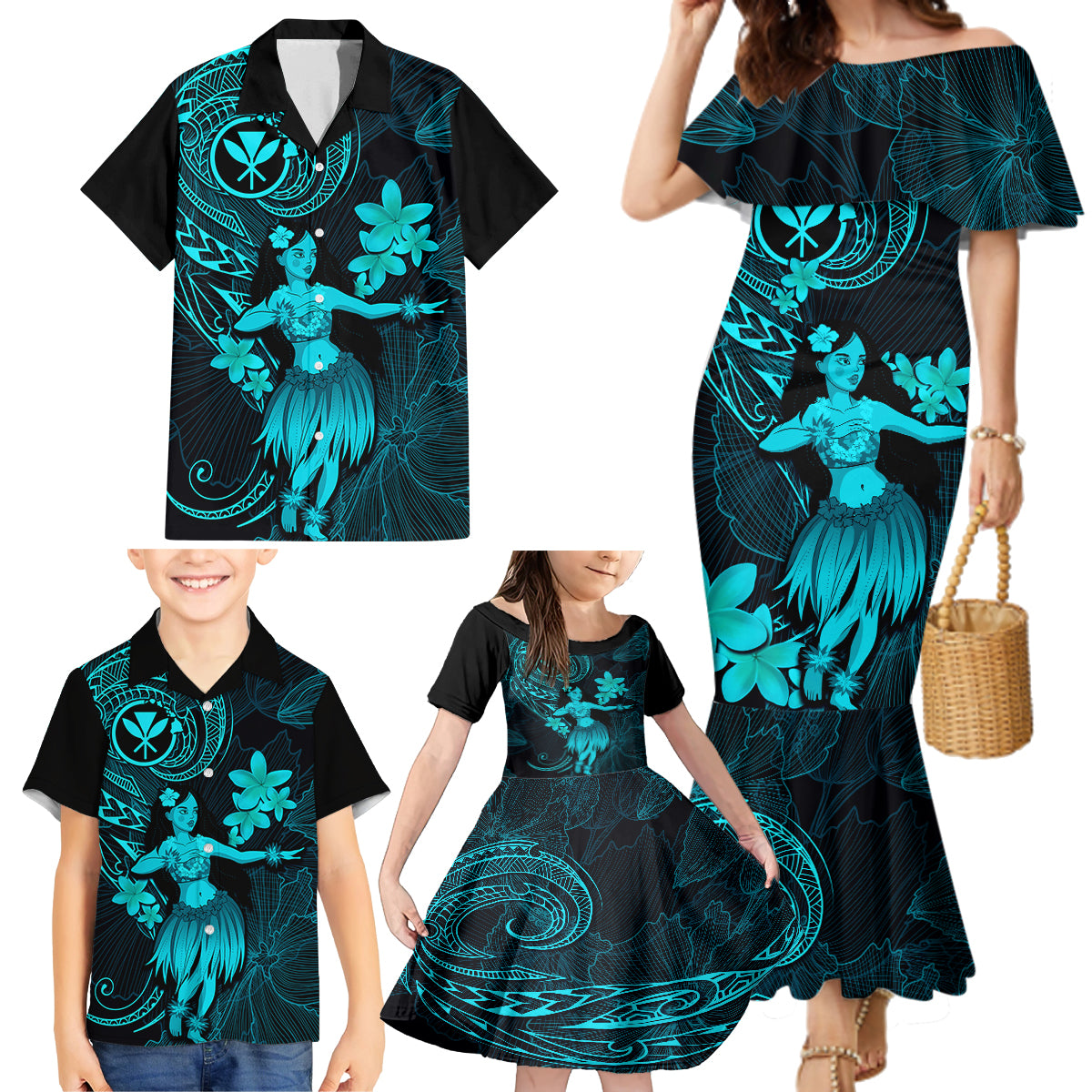 Hawaii Family Matching Mermaid Dress and Hawaiian Shirt Hula Girl Mix Polynesian Plumeria Turquoise Version - Wonder Print Shop