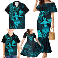 Hawaii Family Matching Mermaid Dress and Hawaiian Shirt Hula Girl Mix Polynesian Plumeria Turquoise Version - Wonder Print Shop