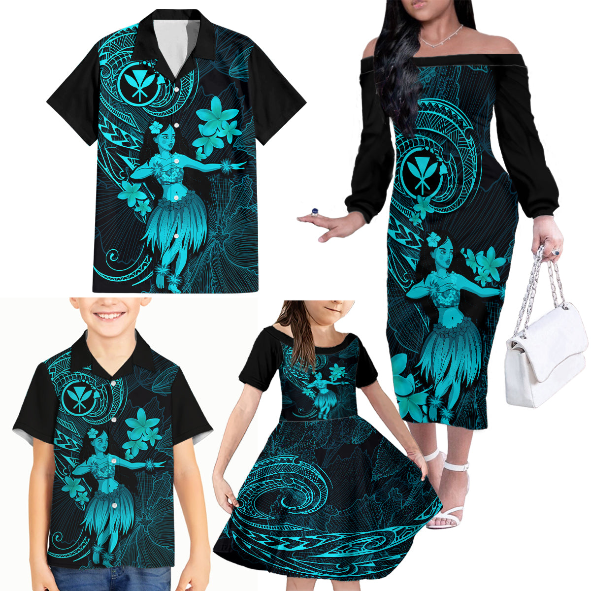 Hawaii Family Matching Off Shoulder Long Sleeve Dress and Hawaiian Shirt Hula Girl Mix Polynesian Plumeria Turquoise Version - Wonder Print Shop