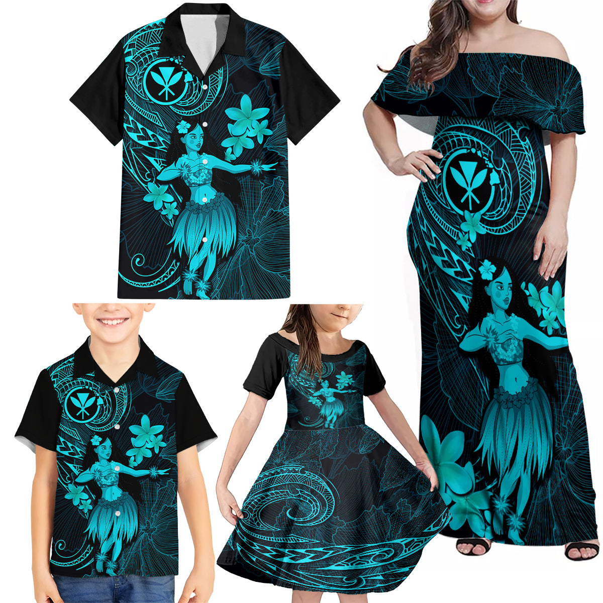 Hawaii Family Matching Off Shoulder Maxi Dress and Hawaiian Shirt Hula Girl Mix Polynesian Plumeria Turquoise Version - Wonder Print Shop