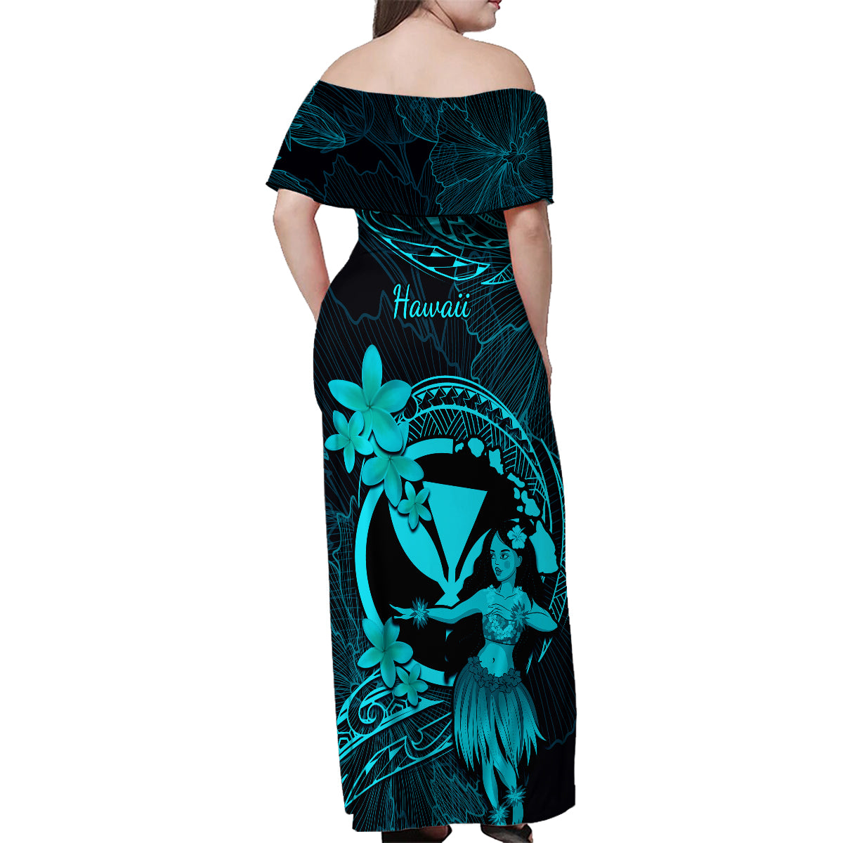 Hawaii Family Matching Off Shoulder Maxi Dress and Hawaiian Shirt Hula Girl Mix Polynesian Plumeria Turquoise Version - Wonder Print Shop