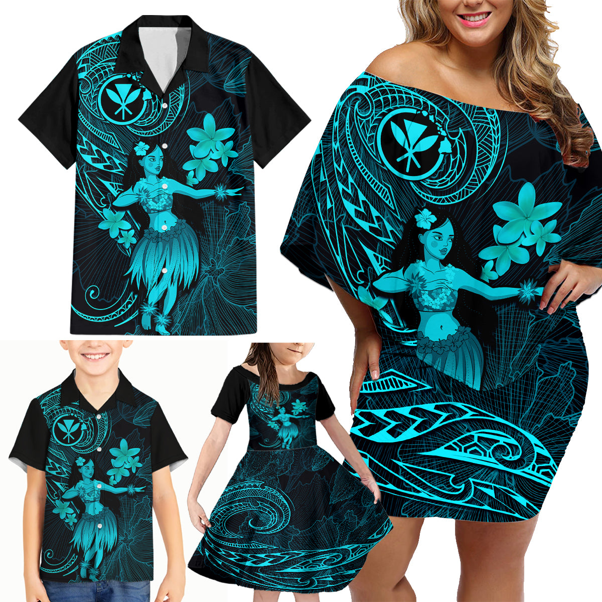 Hawaii Family Matching Off Shoulder Short Dress and Hawaiian Shirt Hula Girl Mix Polynesian Plumeria Turquoise Version - Wonder Print Shop