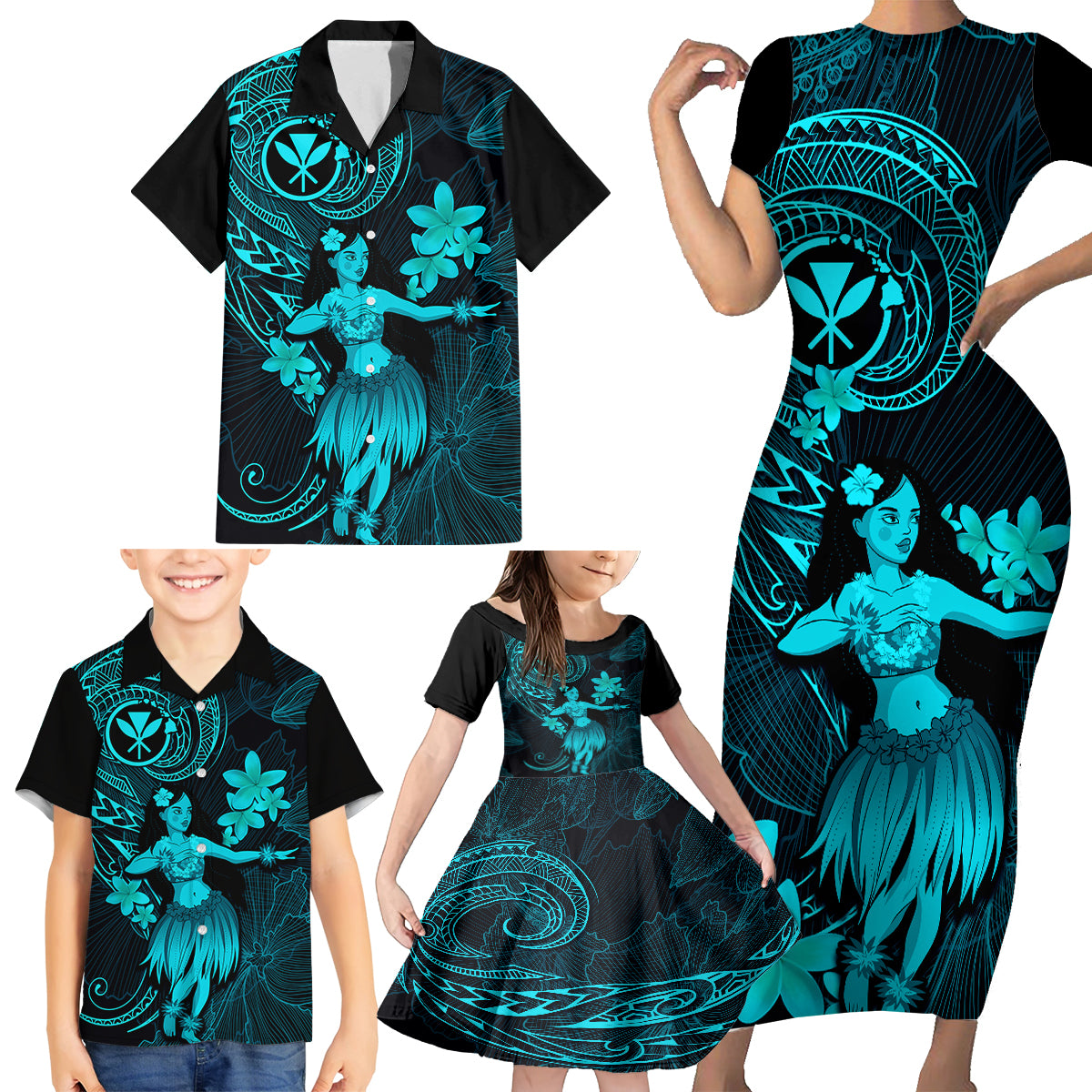 Hawaii Family Matching Short Sleeve Bodycon Dress and Hawaiian Shirt Hula Girl Mix Polynesian Plumeria Turquoise Version - Wonder Print Shop