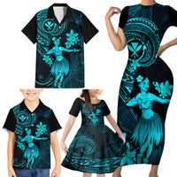 Hawaii Family Matching Short Sleeve Bodycon Dress and Hawaiian Shirt Hula Girl Mix Polynesian Plumeria Turquoise Version - Wonder Print Shop
