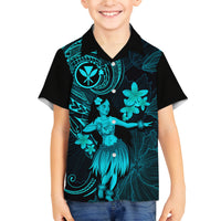 Hawaii Family Matching Short Sleeve Bodycon Dress and Hawaiian Shirt Hula Girl Mix Polynesian Plumeria Turquoise Version - Wonder Print Shop