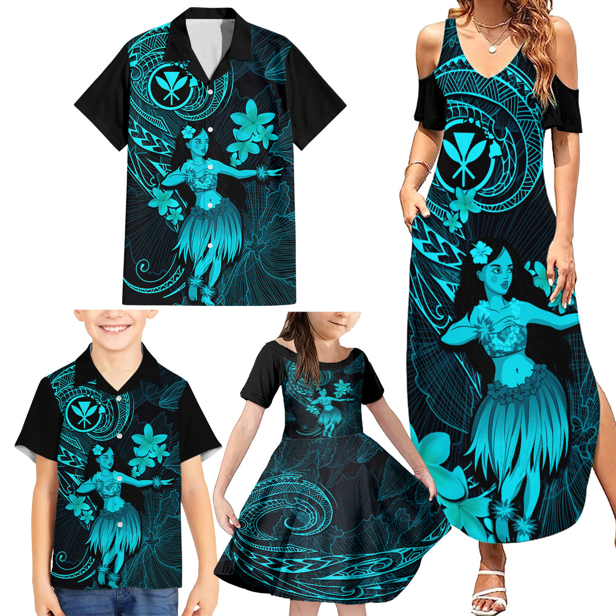 Hawaii Family Matching Summer Maxi Dress and Hawaiian Shirt Hula Girl Mix Polynesian Plumeria Turquoise Version - Wonder Print Shop