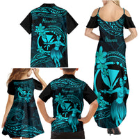 Hawaii Family Matching Summer Maxi Dress and Hawaiian Shirt Hula Girl Mix Polynesian Plumeria Turquoise Version - Wonder Print Shop