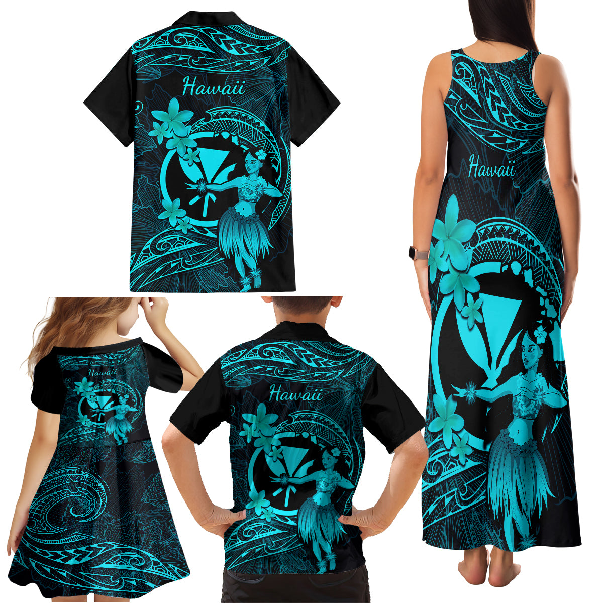 Hawaii Family Matching Tank Maxi Dress and Hawaiian Shirt Hula Girl Mix Polynesian Plumeria Turquoise Version - Wonder Print Shop