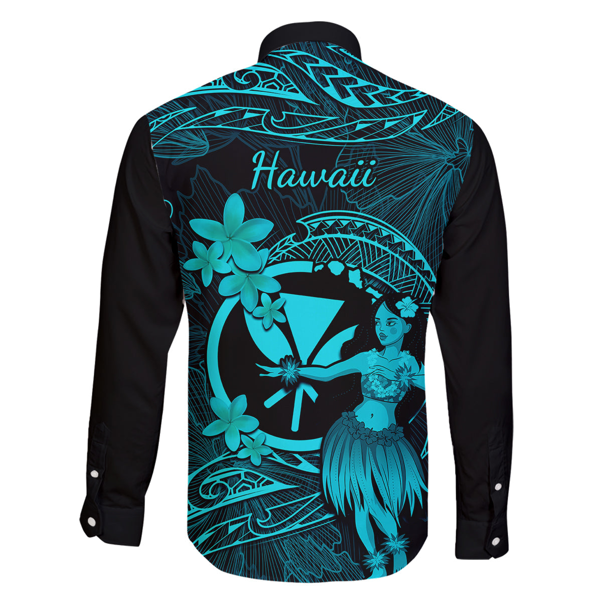 Hawaii Family Matching Tank Maxi Dress and Hawaiian Shirt Hula Girl Mix Polynesian Plumeria Turquoise Version - Wonder Print Shop