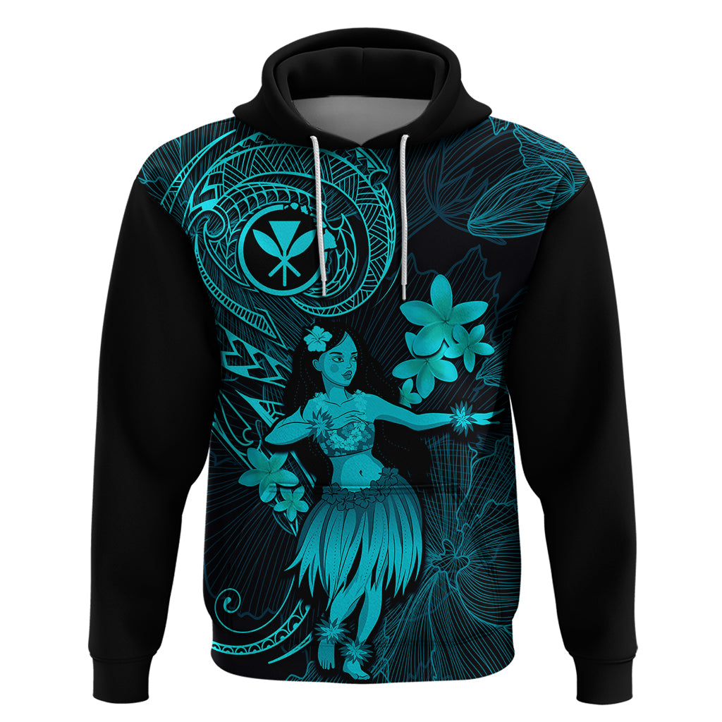 Hawaii Hoodie Hula Girl Mix Polynesian Plumeria Turquoise Version - Wonder Print Shop