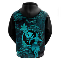 Hawaii Hoodie Hula Girl Mix Polynesian Plumeria Turquoise Version - Wonder Print Shop