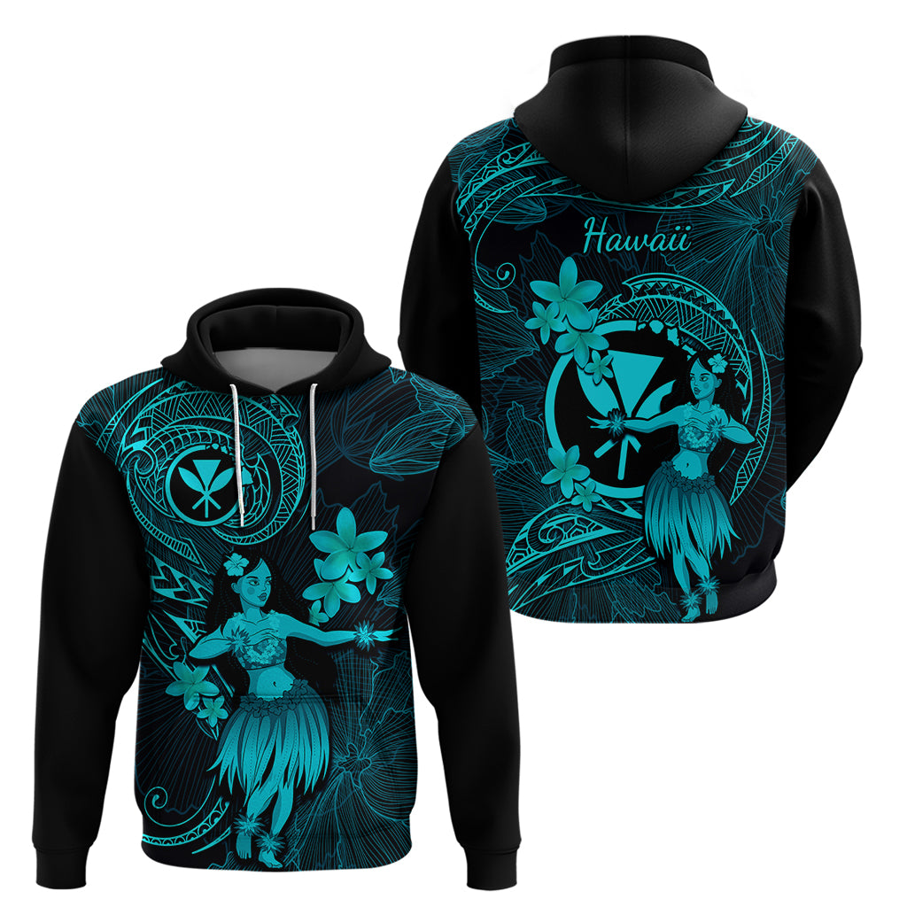 Hawaii Hoodie Hula Girl Mix Polynesian Plumeria Turquoise Version - Wonder Print Shop