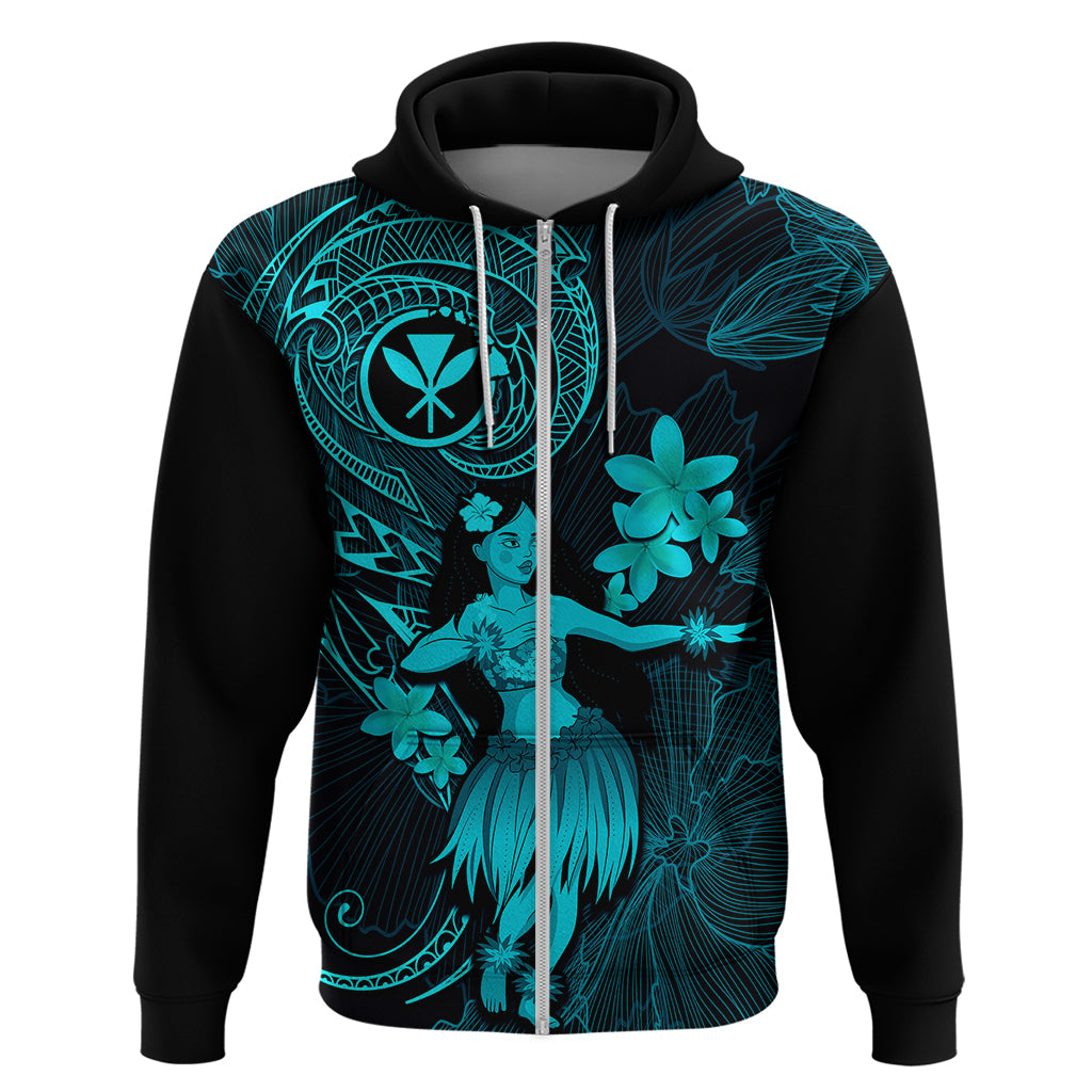 Hawaii Hoodie Hula Girl Mix Polynesian Plumeria Turquoise Version - Wonder Print Shop