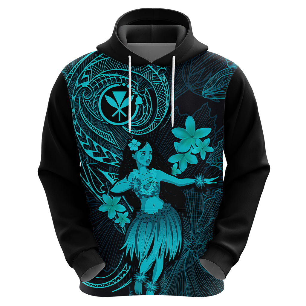 Hawaii Hoodie Hula Girl Mix Polynesian Plumeria Turquoise Version - Wonder Print Shop