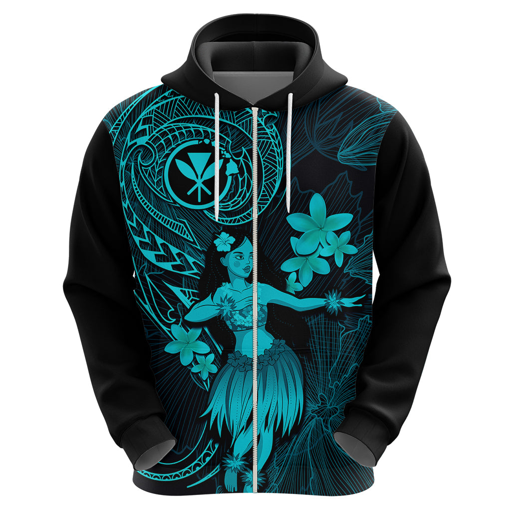 Hawaii Hoodie Hula Girl Mix Polynesian Plumeria Turquoise Version - Wonder Print Shop
