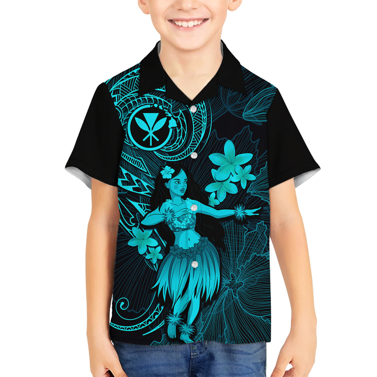 Hawaii Kid Hawaiian Shirt Hula Girl Mix Polynesian Plumeria Turquoise Version - Wonder Print Shop