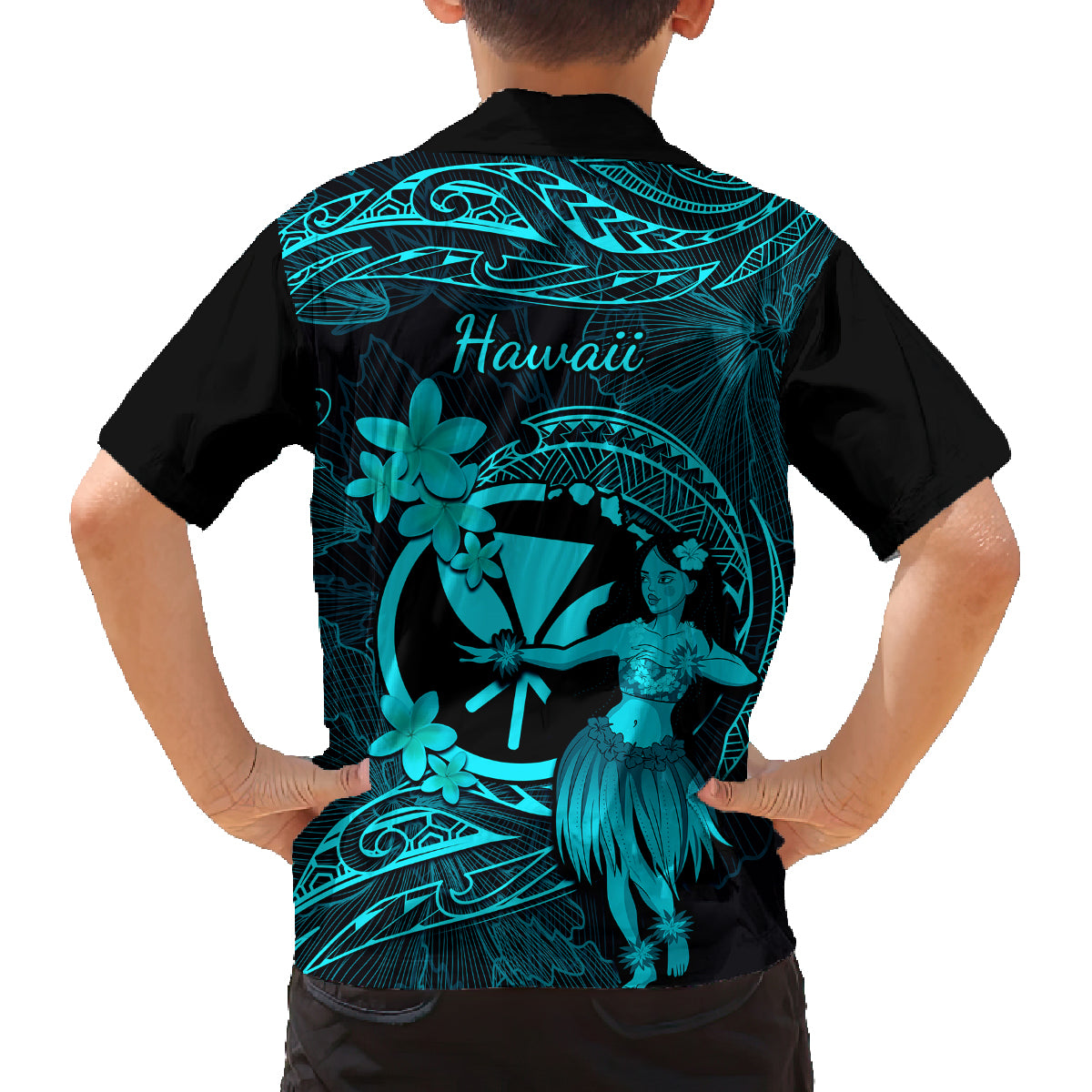 Hawaii Kid Hawaiian Shirt Hula Girl Mix Polynesian Plumeria Turquoise Version - Wonder Print Shop
