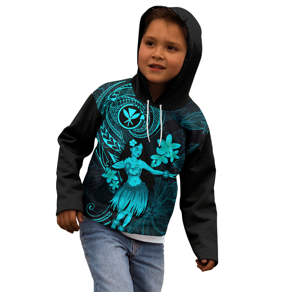 Hawaii Kid Hoodie Hula Girl Mix Polynesian Plumeria Turquoise Version - Wonder Print Shop