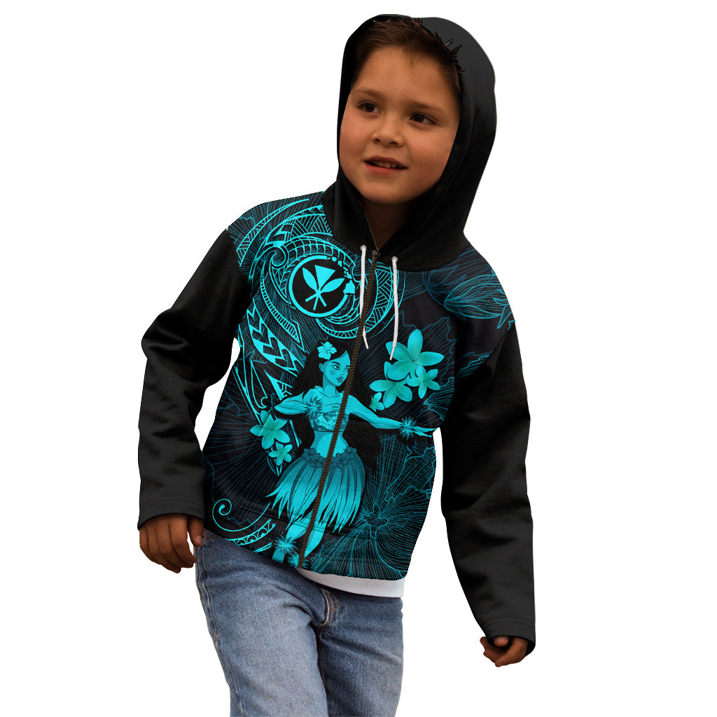 Hawaii Kid Hoodie Hula Girl Mix Polynesian Plumeria Turquoise Version - Wonder Print Shop