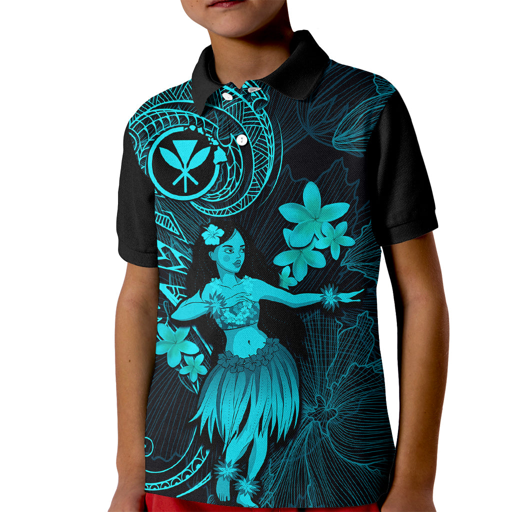 Hawaii Kid Polo Shirt Hula Girl Mix Polynesian Plumeria Turquoise Version - Wonder Print Shop