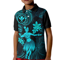 Hawaii Kid Polo Shirt Hula Girl Mix Polynesian Plumeria Turquoise Version - Wonder Print Shop