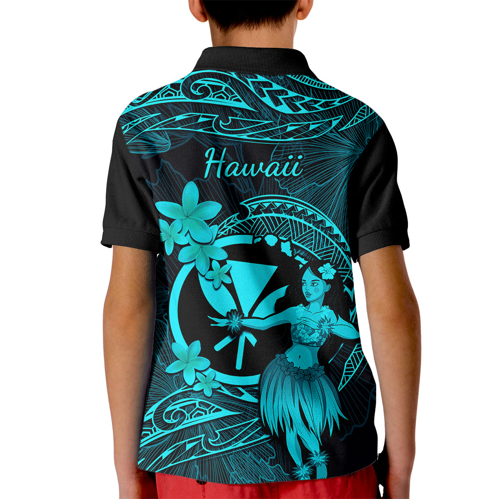 Hawaii Kid Polo Shirt Hula Girl Mix Polynesian Plumeria Turquoise Version - Wonder Print Shop